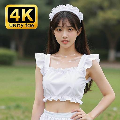 Photograph of an Asian woman with long black hair, wearing a white frilled maid outfit, standing in a grassy park, 