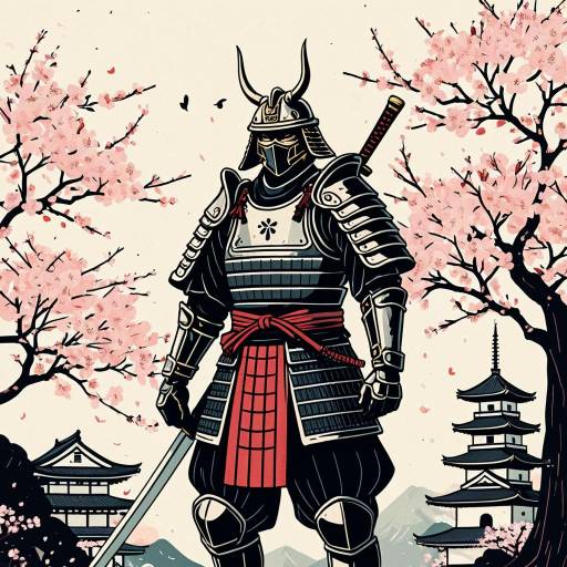 Samurai in Armor with Cherry Blossoms and Temple