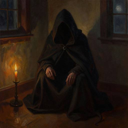 A hooded figure in dark robes sits in a dimly lit room, illuminated by a single burning candle on a wooden floor.