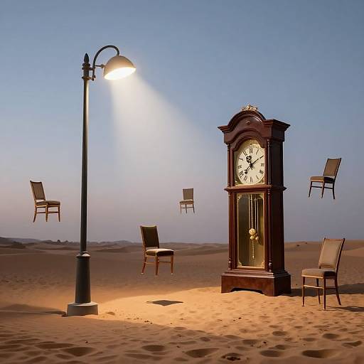 Photograph of a desert night scene with a glowing street lamp, antique clock, and floating chairs under a clear blue sky.