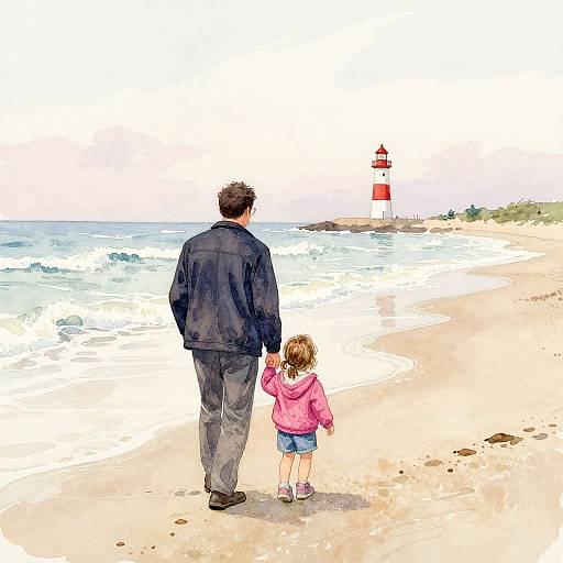 Digital drawing of an adult and child holding hands, walking on a sandy beach towards a red and white lighthouse.
