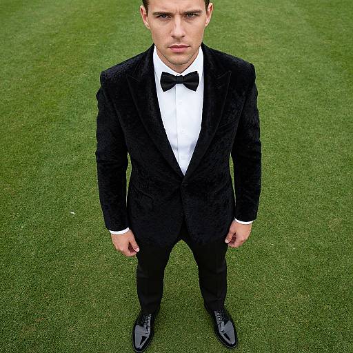 Photograph of a young white man in a black tuxedo, white shirt, black bow tie, and black dress shoes, standing on green grass
