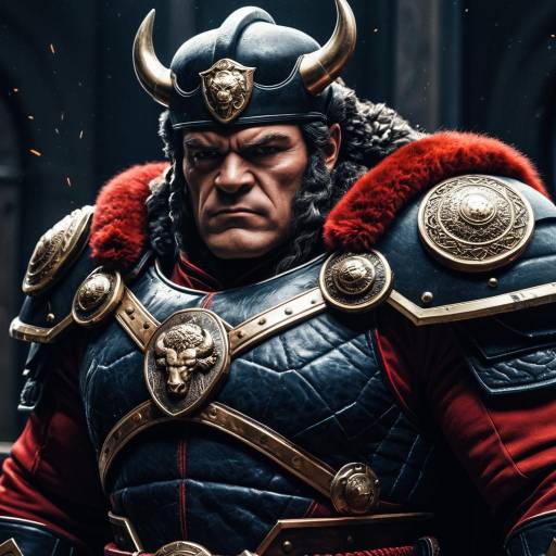 Medieval Warrior in Horned Helmet and Ornate Armor