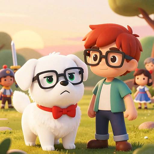 Smug Dog and Confident Boy at Sunset