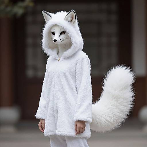 Photograph of a person in a fluffy white fox costume with a large bushy tail, standing outdoors against a dark building background.