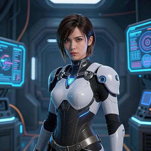 Digital CGI image of a serious young woman with short black hair, wearing a white and black futuristic armored suit, standing in a high-tech, blue-l