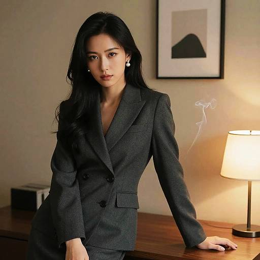 Photograph of an Asian woman with long black hair, wearing a dark gray blazer, standing in a warmly lit office with a lamp and framed artwork