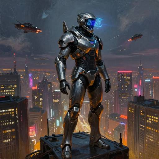 Cyberpunk Guardian on Neon Skyline