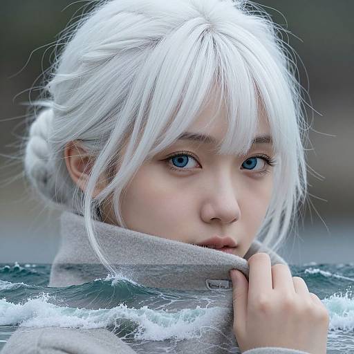 Close-up photograph of a young woman with white hair, blue eyes, and fair skin, holding a gray scarf against a frothy, icy sea background