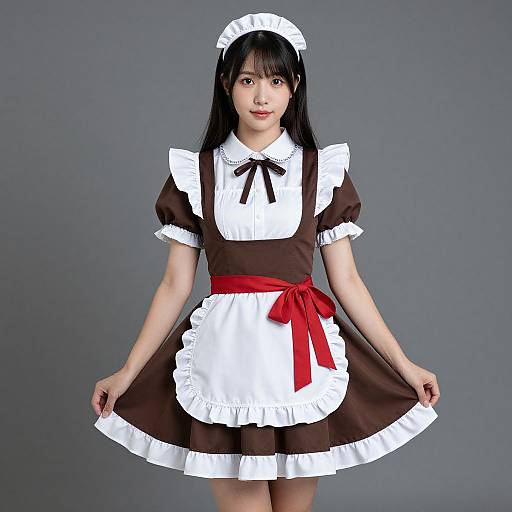 Photograph of an Asian woman in a brown and white French maid outfit with a red bow, black hair, and white headpiece, standing against a