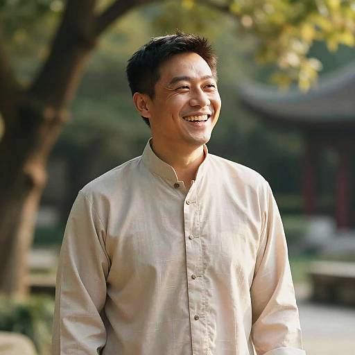 Joyful Asian Man in Traditional Garden