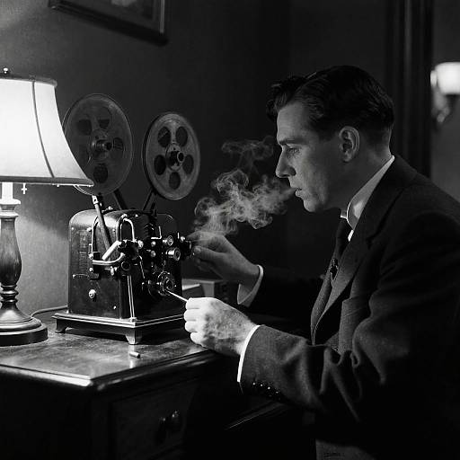 Black-and-white photograph of a suited man smoking beside a vintage typewriter on a wooden desk, with a lit lamp and film reels in the background.