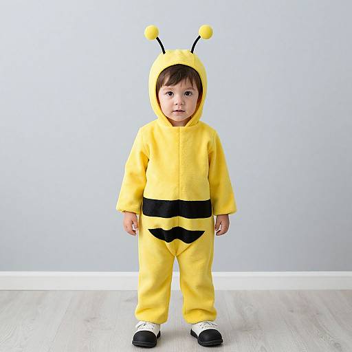 Photograph of a young boy in a yellow bee costume with black antennae, black belt, and black stripes, standing on a light wooden floor against