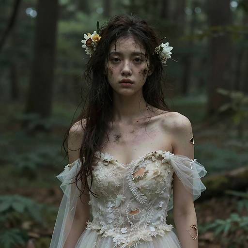 Photograph of a pale, sad-looking young woman with long, wet dark hair, wearing a white, floral-embellished, off-should