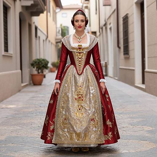 Photograph of a woman in a rich red and gold embroidered traditional gown with white lace trim, standing in a narrow, sunlit alleyway.