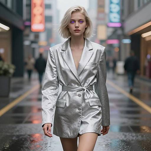 Photograph of a blonde woman with purple eye makeup, wearing a shiny silver blazer dress, walking down a wet, neon-lit city street at