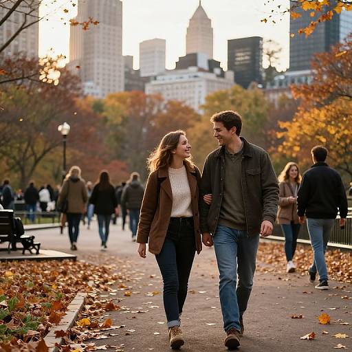 Photograph of a couple walking hand-in-hand in a park during autumn, surrounded by fallen leaves and city skyscrapers in the background. They're