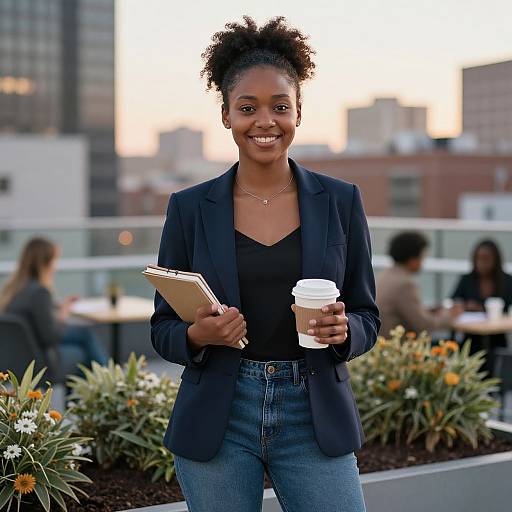 Photograph of a smiling Black woman with curly hair, wearing a black blazer, black top, and jeans, holding a coffee cup and clipboard,