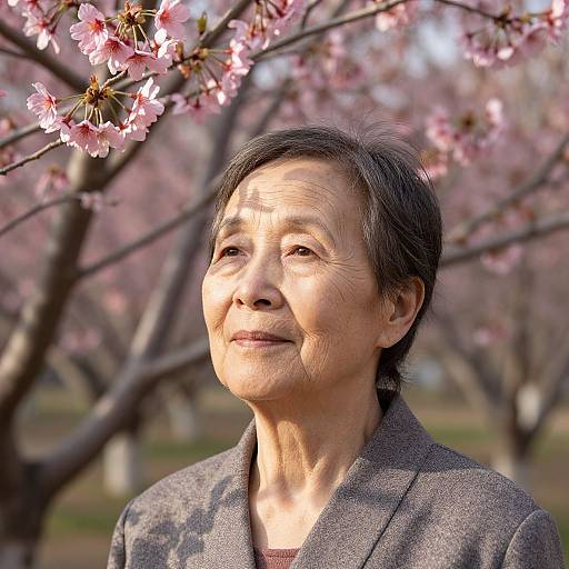 Photograph of an elderly Asian woman with short black hair, wearing a grey coat, smiling softly under blooming pink cherry blossoms.