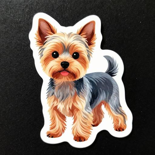 Digital illustration of a cute, fluffy Yorkshire Terrier with tan and gray fur, black nose, and pink tongue, outlined in white against a black background