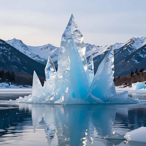 Photograph of towering ice formations reflecting on a calm, icy lake, with snow-capped mountains and evergreen trees in the background.