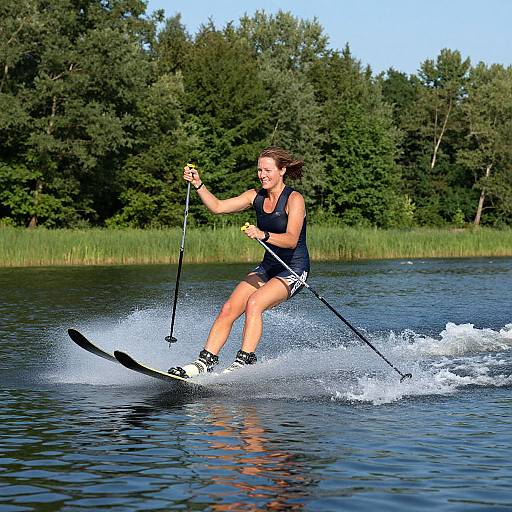 Photograph of a smiling woman with brown hair in a black tank top and shorts, skiing on a lake, with trees and greenery in the background