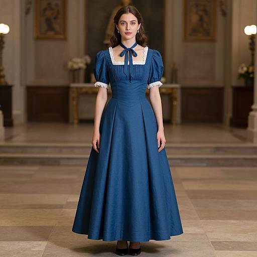 Photograph of a young woman with fair skin and dark brown hair, wearing a navy blue, Victorian-style dress with white lace trim, standing in an
