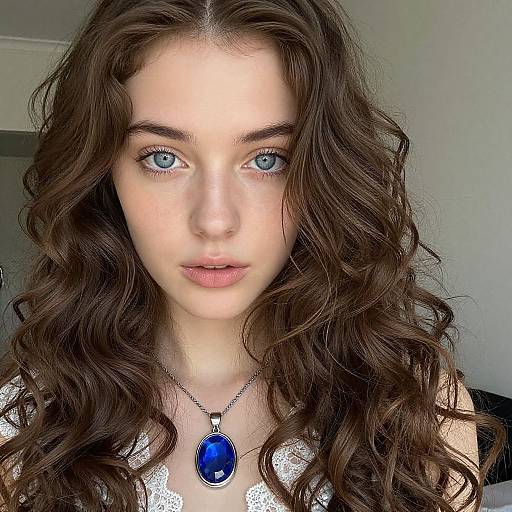 Photograph of a young woman with long, wavy brown hair, blue eyes, and fair skin, wearing a white lace top and a blue gem