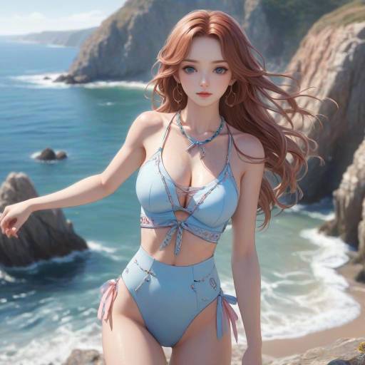 Anime-style digital drawing of a black-haired, blue-eyed woman in a revealing blue slingshot bikini, standing against a sunlit rocky background with white