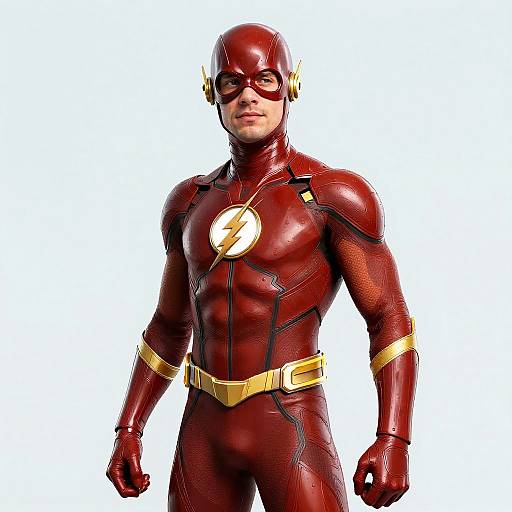 Photorealistic CGI image of a muscular man in a red, shiny, superhero costume with a lightning bolt emblem, gold accents, and a mask,