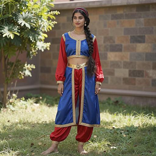 Young Woman in Traditional Blue and Red Costume