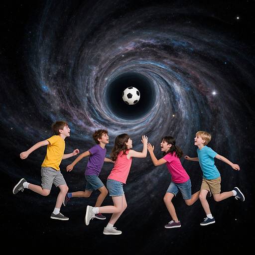 Photograph of five children in colorful shirts and shorts, jumping in space, chasing a soccer ball through a swirling galaxy.