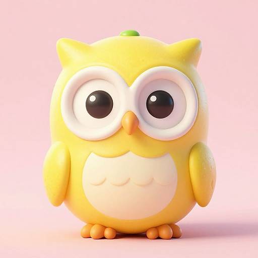 Cute, cartoon-style, yellow owl with large, white-framed eyes, orange beak, and feet, white chest, against a pink background
