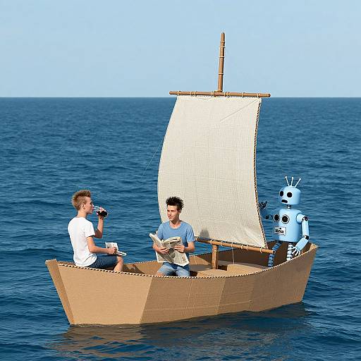 Photorealistic digital image: Two men in a cardboard boat with a sail, one reading, one using binoculars, and a robot, on