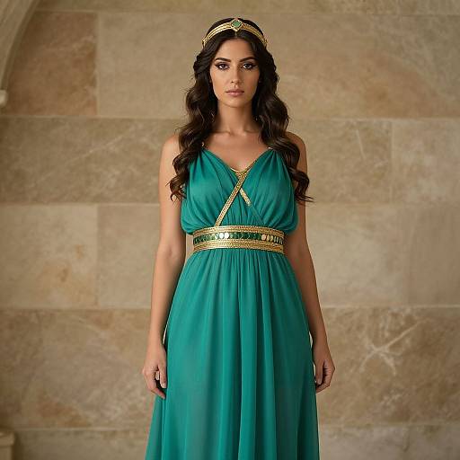 Photograph of a woman with long, wavy brown hair, wearing a teal, ancient Greek-style dress with gold accents and a headband, standing