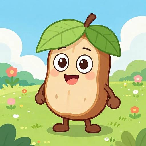Cartoon acorn with a green leaf on top, large eyes, and a smiling mouth stands in a colorful, sunny meadow.