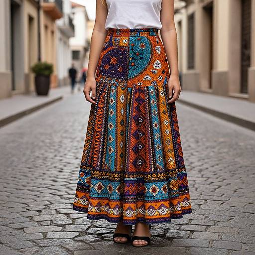 Photograph of a woman in a white top and colorful, patterned, ankle-length skirt standing on a cobblestone street.