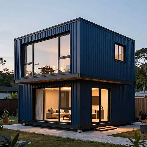 Photograph of a modern, two-story house with dark blue, vertically paneled exterior and large, illuminated glass windows at dusk.