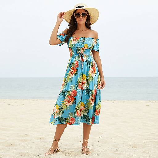 Photograph of a woman in a blue floral off-shoulder dress, straw hat, sunglasses, and white sandals, standing on a sandy beach.