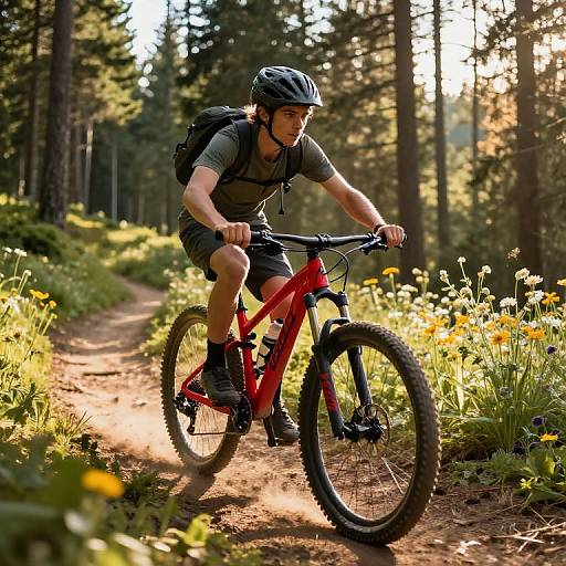 Young Adventurer on Red Mountain Bike