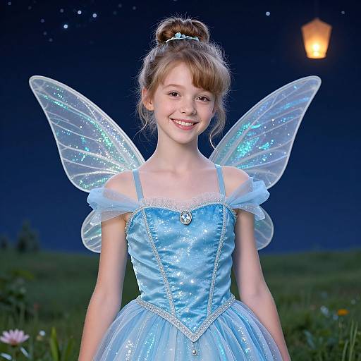 Photograph of a smiling young girl with fair skin, brown hair in a bun, wearing a light blue fairy dress with sparkling wings, standing in a