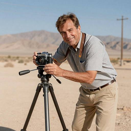 Cheerful Photographer in Desert Scene