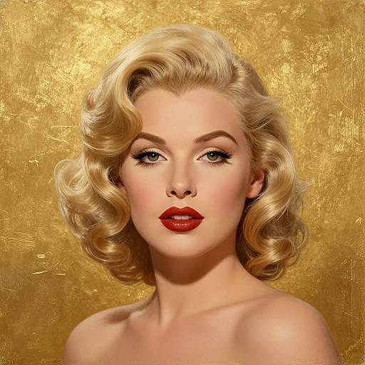 Digital portrait of a blonde, fair-skinned woman with red lipstick, curled hair, and golden background, evoking a classic Hollywood glamour style.