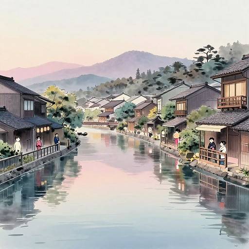 Digital anime-style illustration of a serene Japanese canal at sunset, with traditional wooden houses, reflected water, and people strolling.