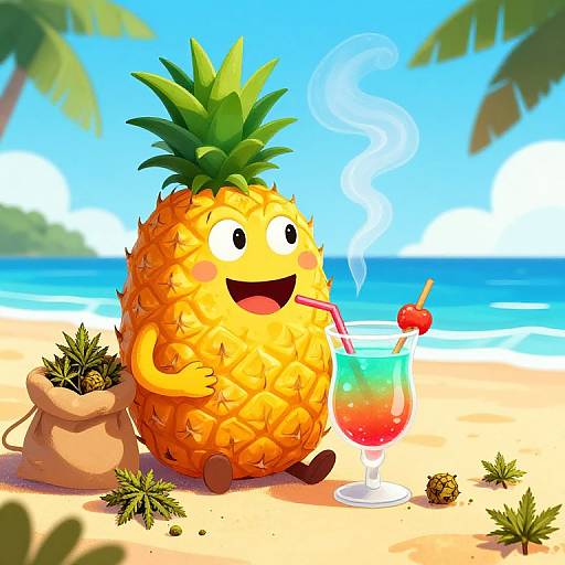 Cartoon pineapple with a cheerful face sits on a sunny beach, sipping a colorful drink with a straw and cherry. Background includes blue ocean, palm