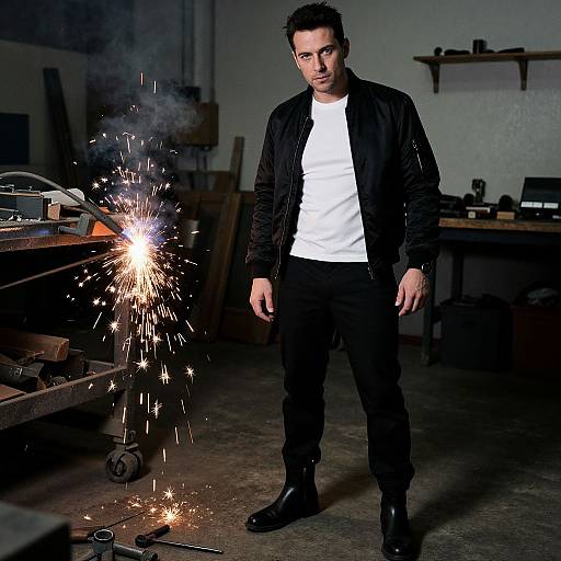 Photograph of a man with dark hair, wearing a black jacket, white shirt, and black pants, standing in a dimly lit workshop with sparks