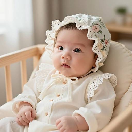 Photograph of a cute, chubby baby with fair skin, wearing a white floral bonnet and buttoned white dress, sitting in a light wooden crib