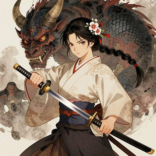 Floral-Haired Oni Samurai Maiden in Kimono