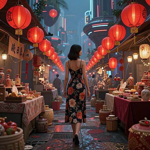 Photograph of a woman in a floral dress, standing in a vibrant, neon-lit night market with red lanterns, tea sets, and traditional