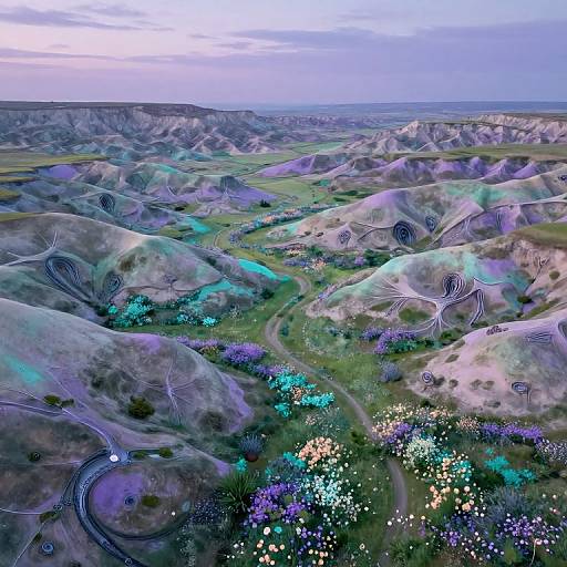 Digital art of a surreal, purple-hued landscape with winding paths, swirling patterns, and vibrant, glowing flora on rolling hills under a cloudy sky.